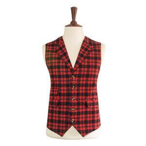 Mens 46R Plaid Vest Red Black Teal Wool Waistcoat Formal Wedding Preppy Casual